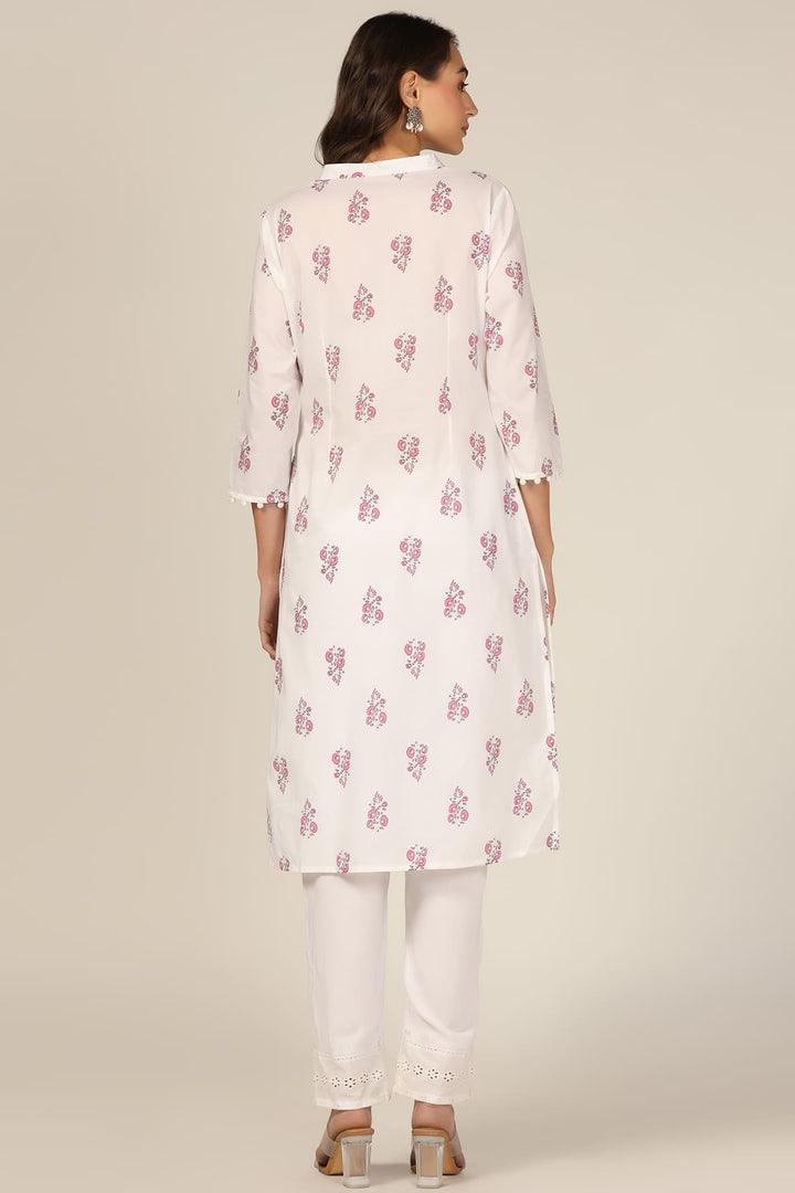 White Cotton Printed Kurti with Mandarin Collar