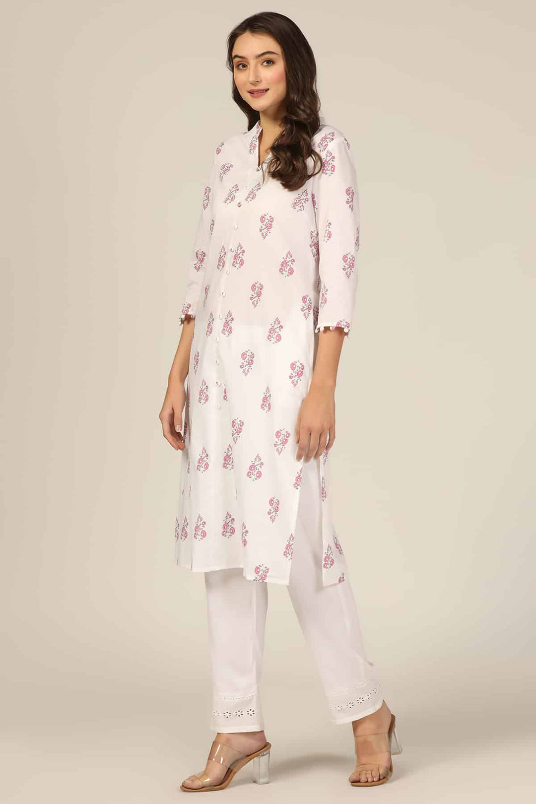 White Cotton Printed Kurti with Mandarin Collar