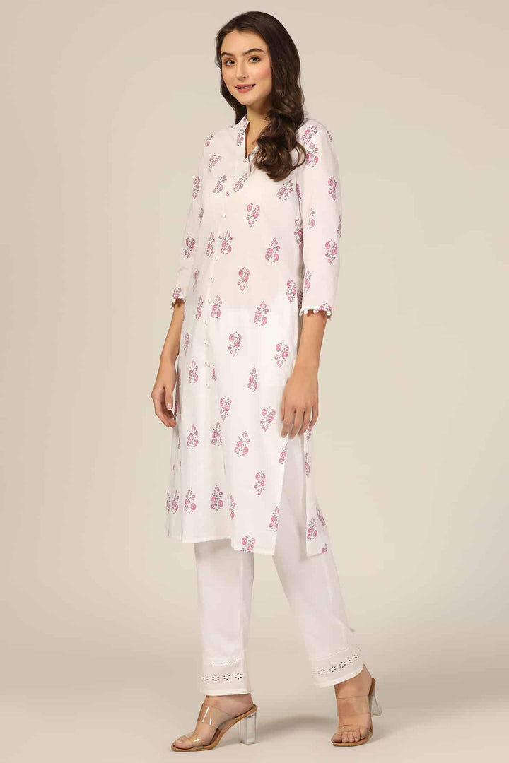 White Cotton Printed Kurti with Mandarin Collar