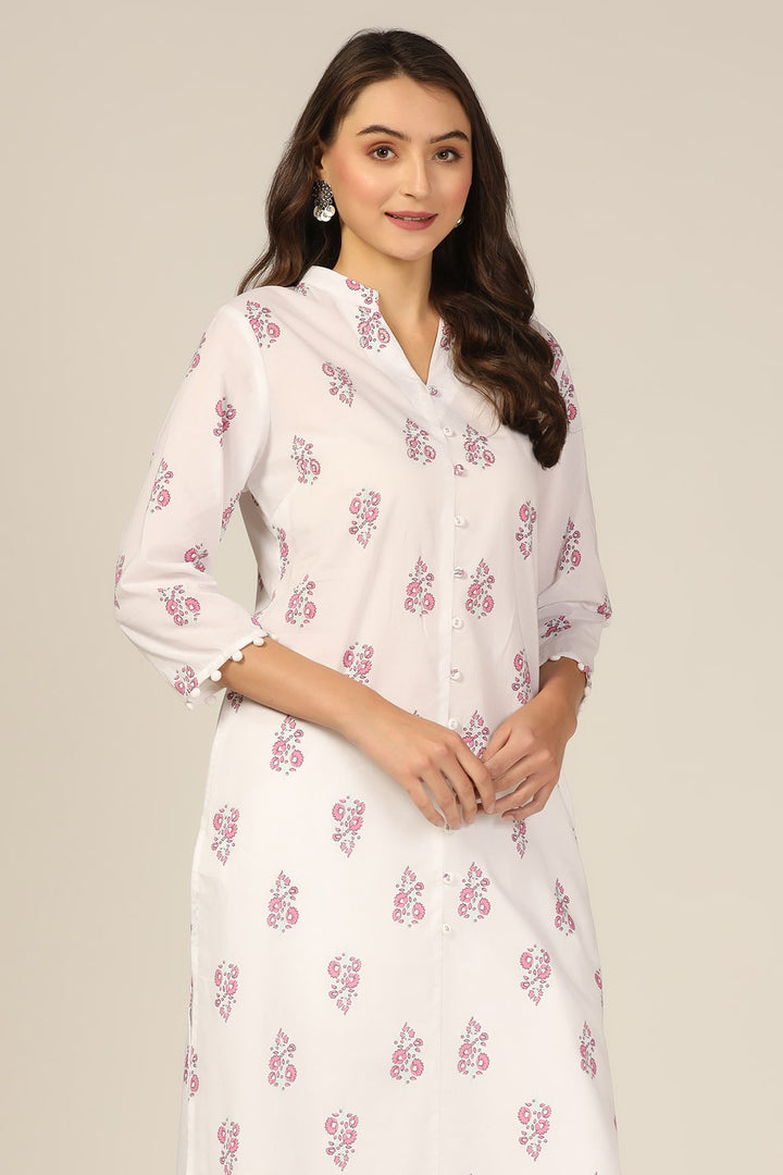 White Cotton Printed Kurti with Mandarin Collar