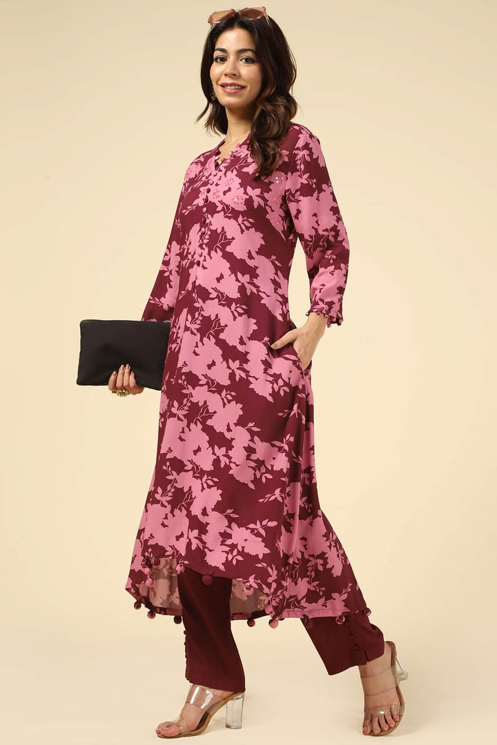 Maroon Printed Rayon Palazzo
