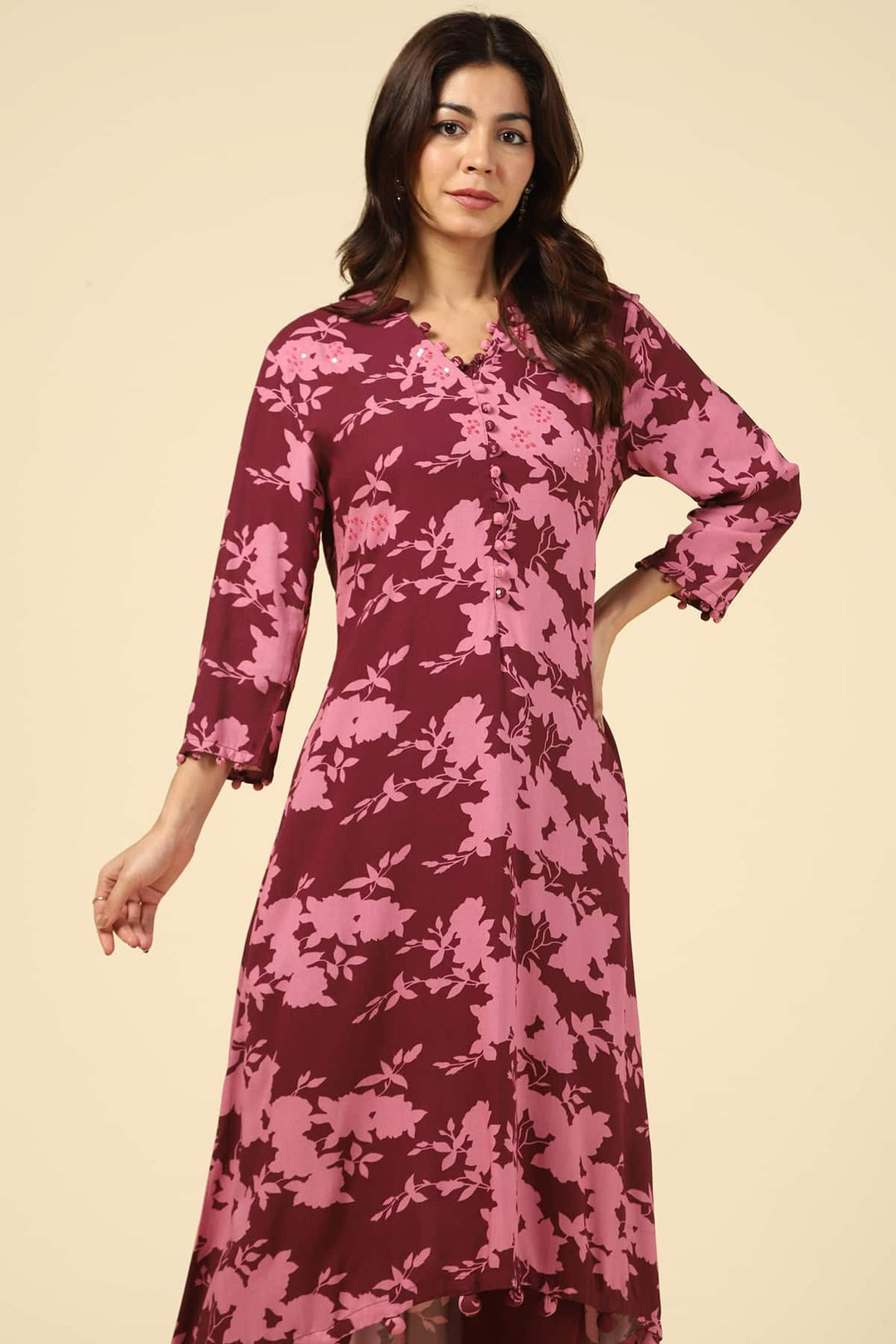 Pink Printed High Low Kurti