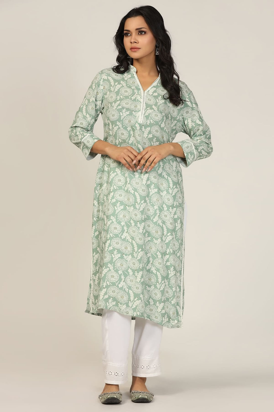 Green Printed Kurti with Mandarin Collar