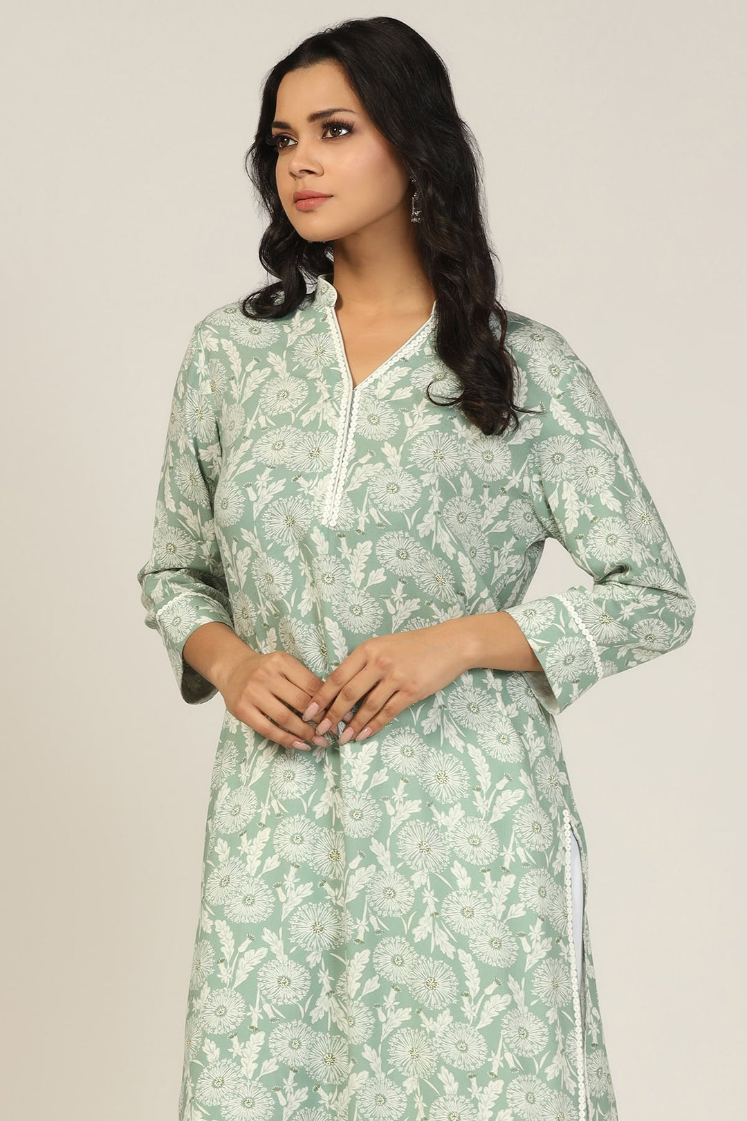 Green Printed Kurti with Mandarin Collar