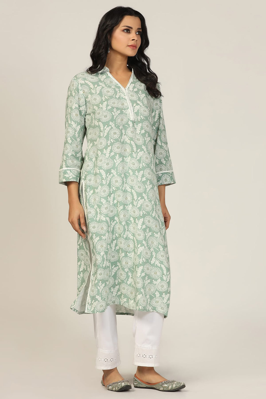 Green Printed Kurti with Mandarin Collar