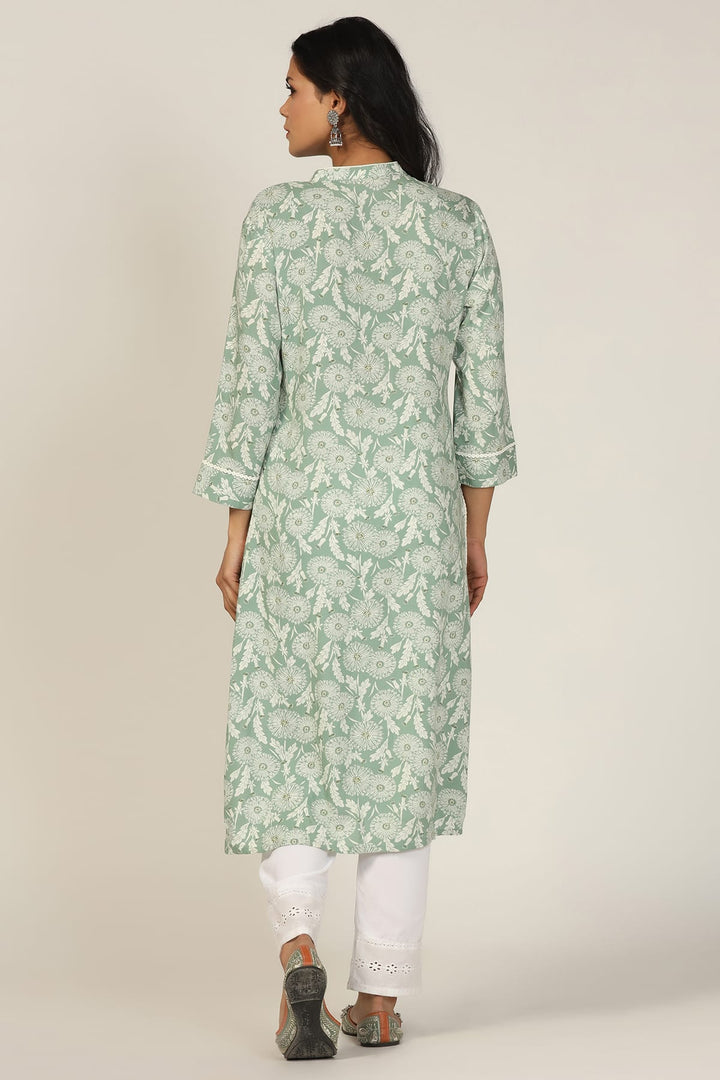 Green Printed Kurti with Mandarin Collar