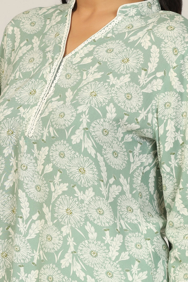 Green Printed Kurti with Mandarin Collar
