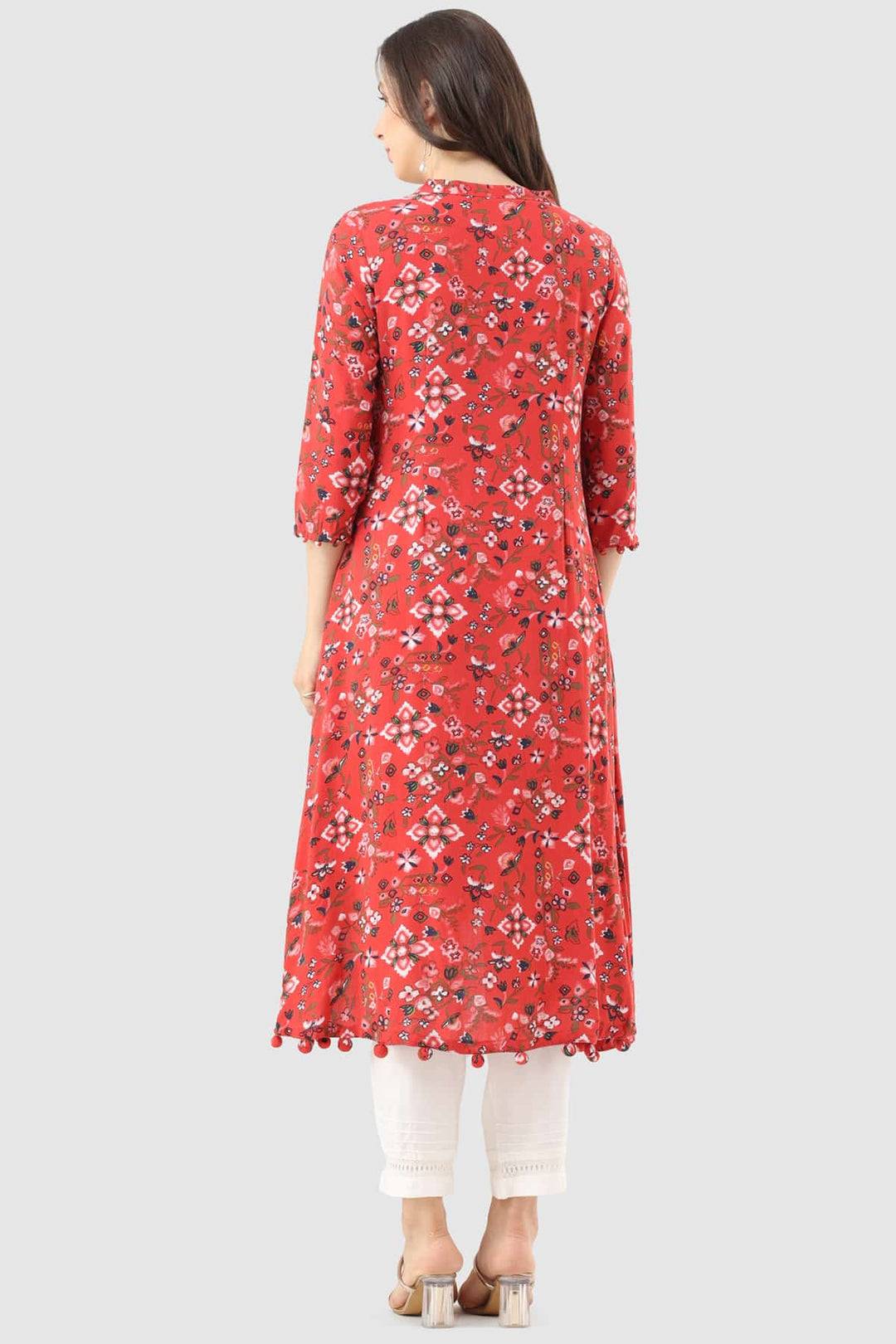 Red Printed Rayon Kurti with Mandarin Collar