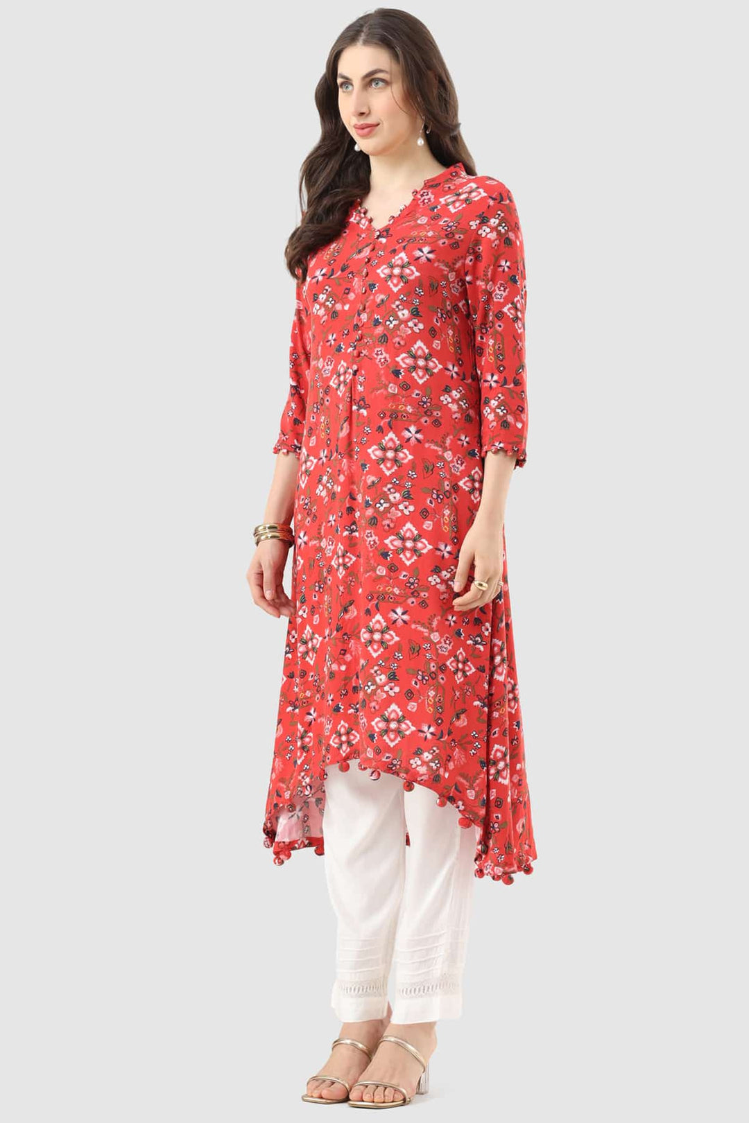 Red Printed Rayon Kurti with Mandarin Collar