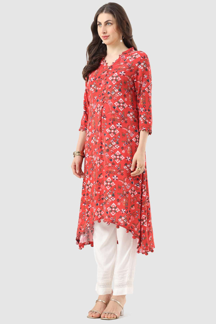 Red Printed Rayon Kurti with Mandarin Collar