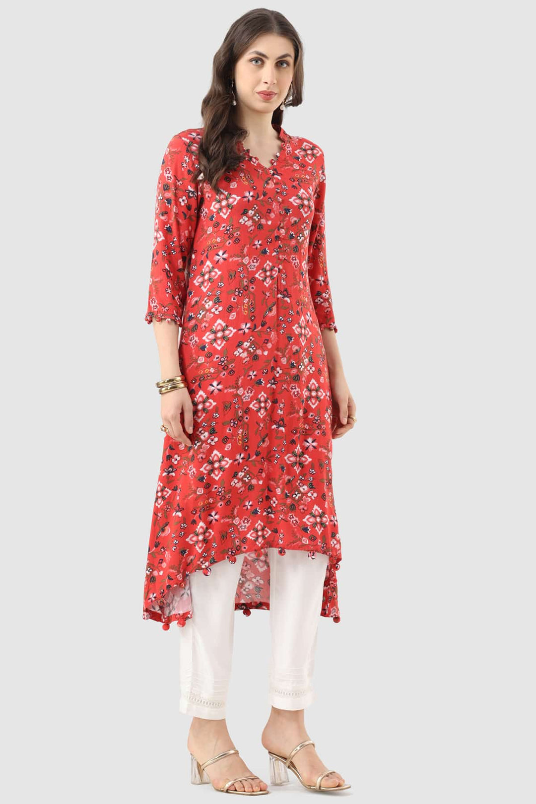 Red Printed Rayon Kurti with Mandarin Collar