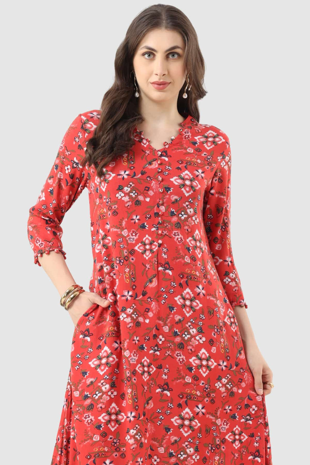 Red Printed Rayon Kurti with Mandarin Collar