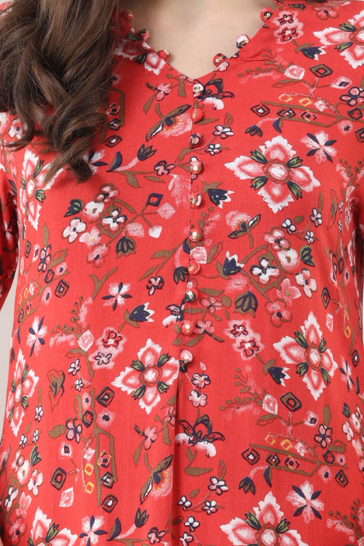 Red Printed Rayon Kurti with Mandarin Collar
