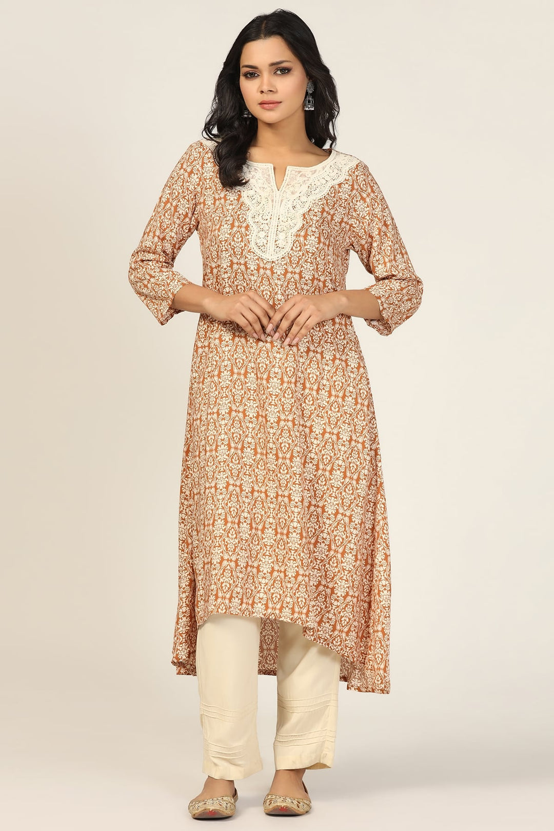 Brown Rayon Printed High-Low Kurti