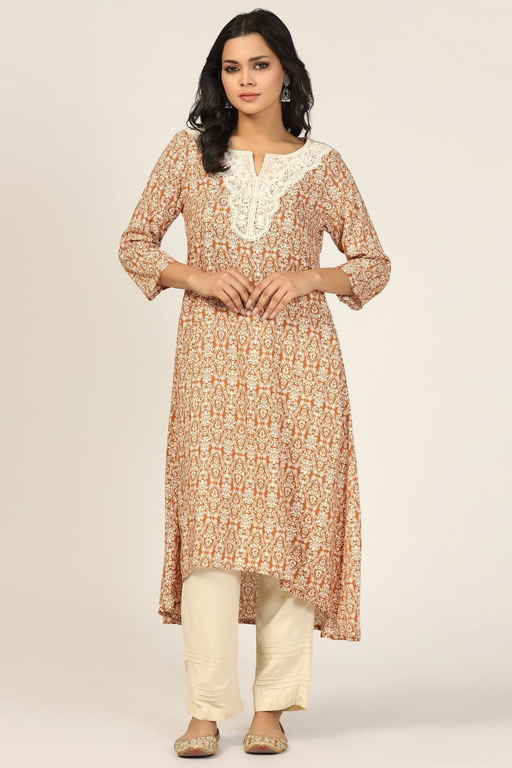 Brown Rayon Printed High-Low Kurti