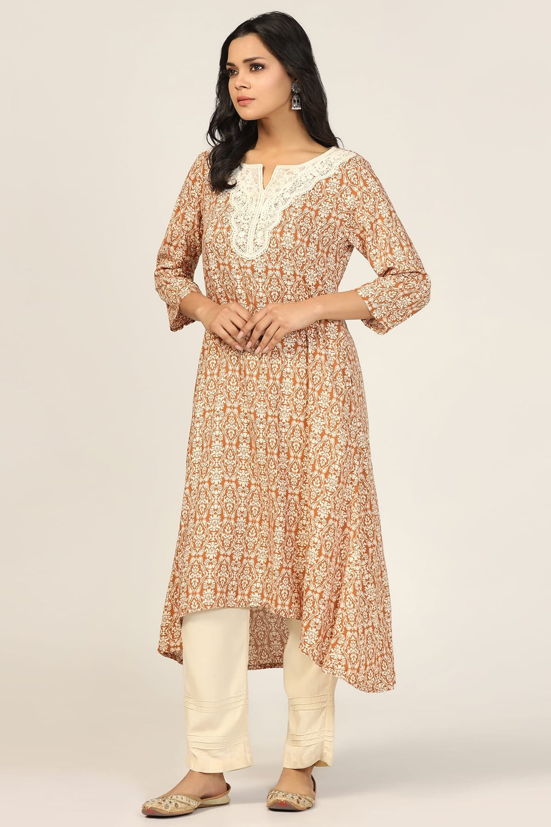 Brown Rayon Printed High-Low Kurti