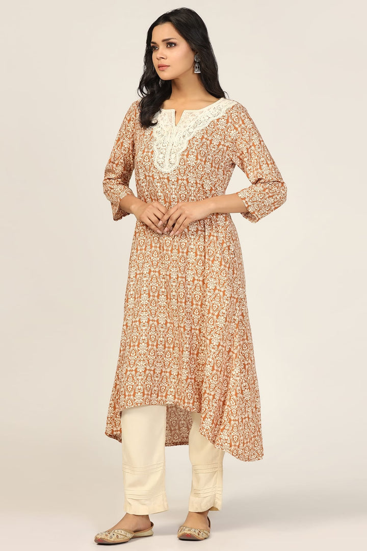 Brown Rayon Printed High-Low Kurti
