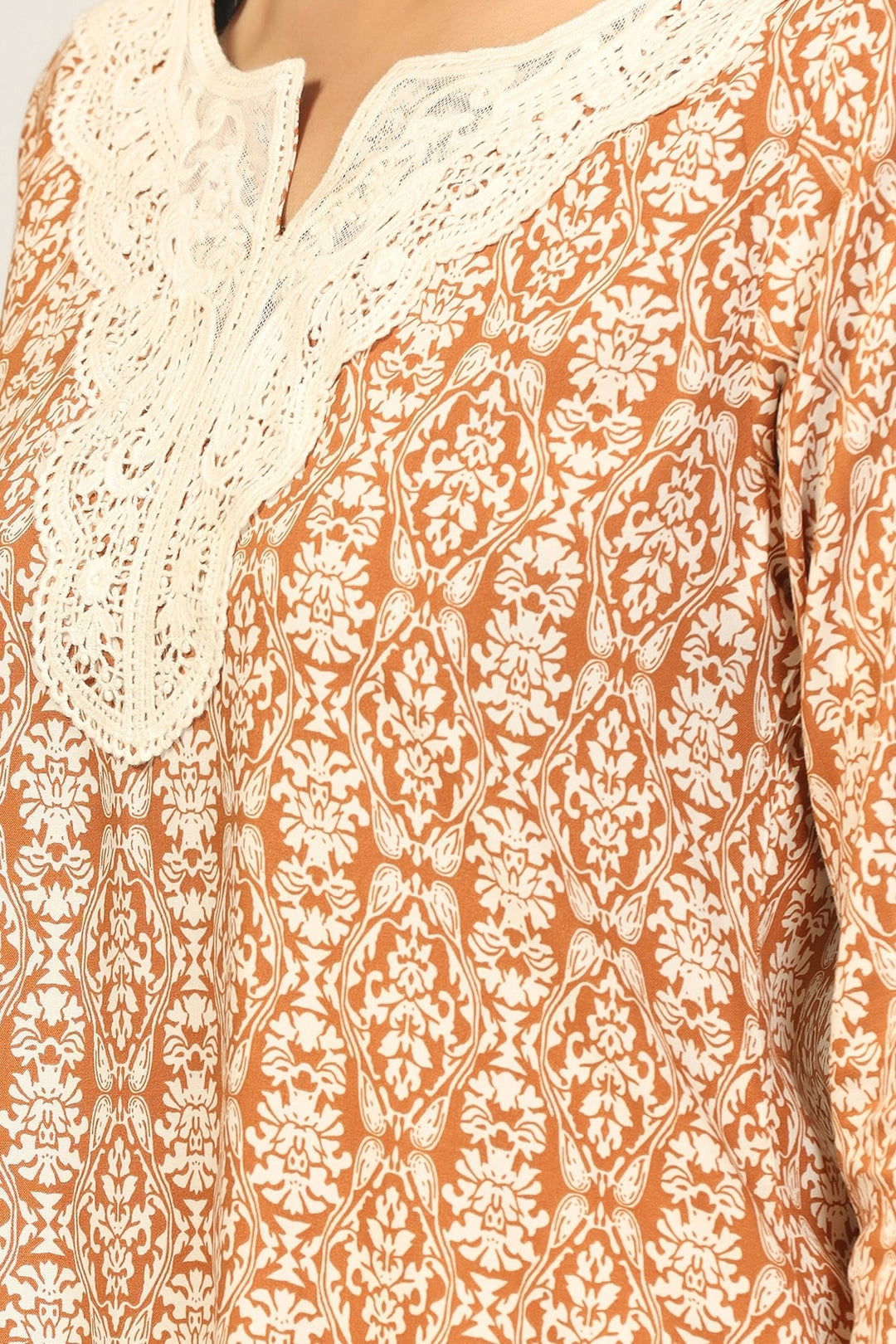 Brown Rayon Printed High-Low Kurti
