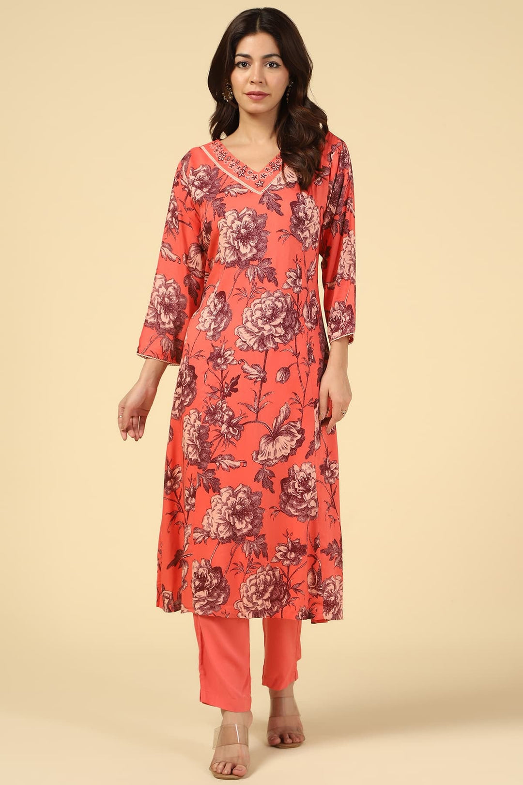 Coral Embroidered Straight Cut Kurti