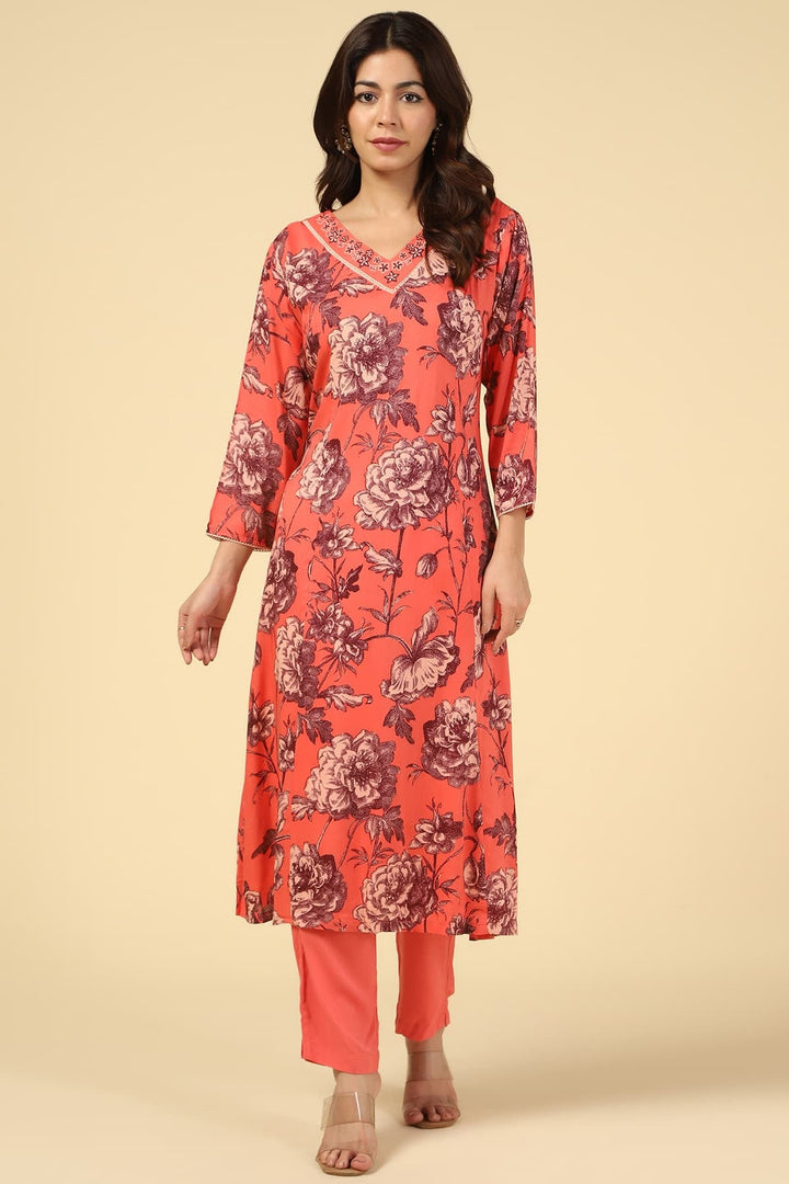 Coral Embroidered Straight Cut Kurti