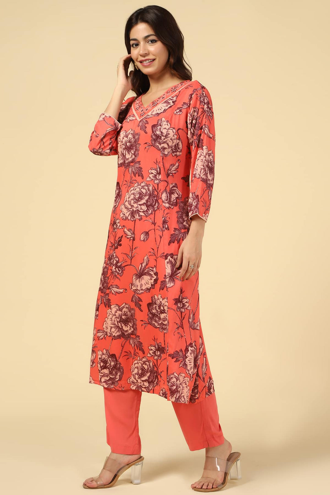 Coral Embroidered Straight Cut Kurti