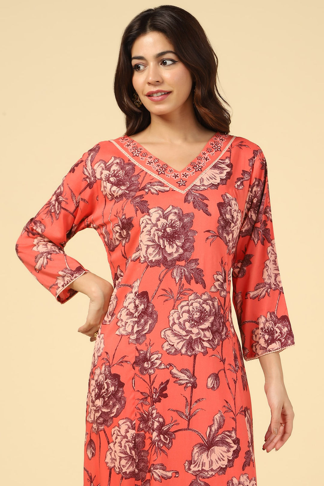 Coral Embroidered Straight Cut Kurti