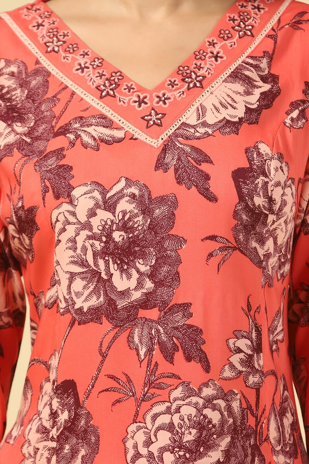 Coral Embroidered Straight Cut Kurti