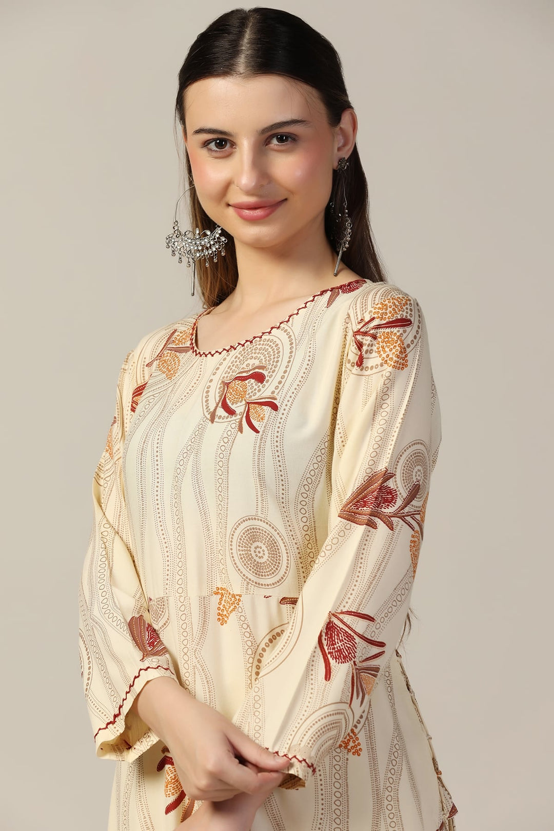 Off White Printed Rayon Kurti
