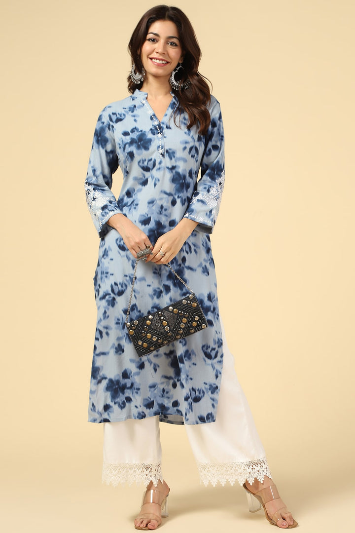 Blue Printed Rayon Slub Kurti