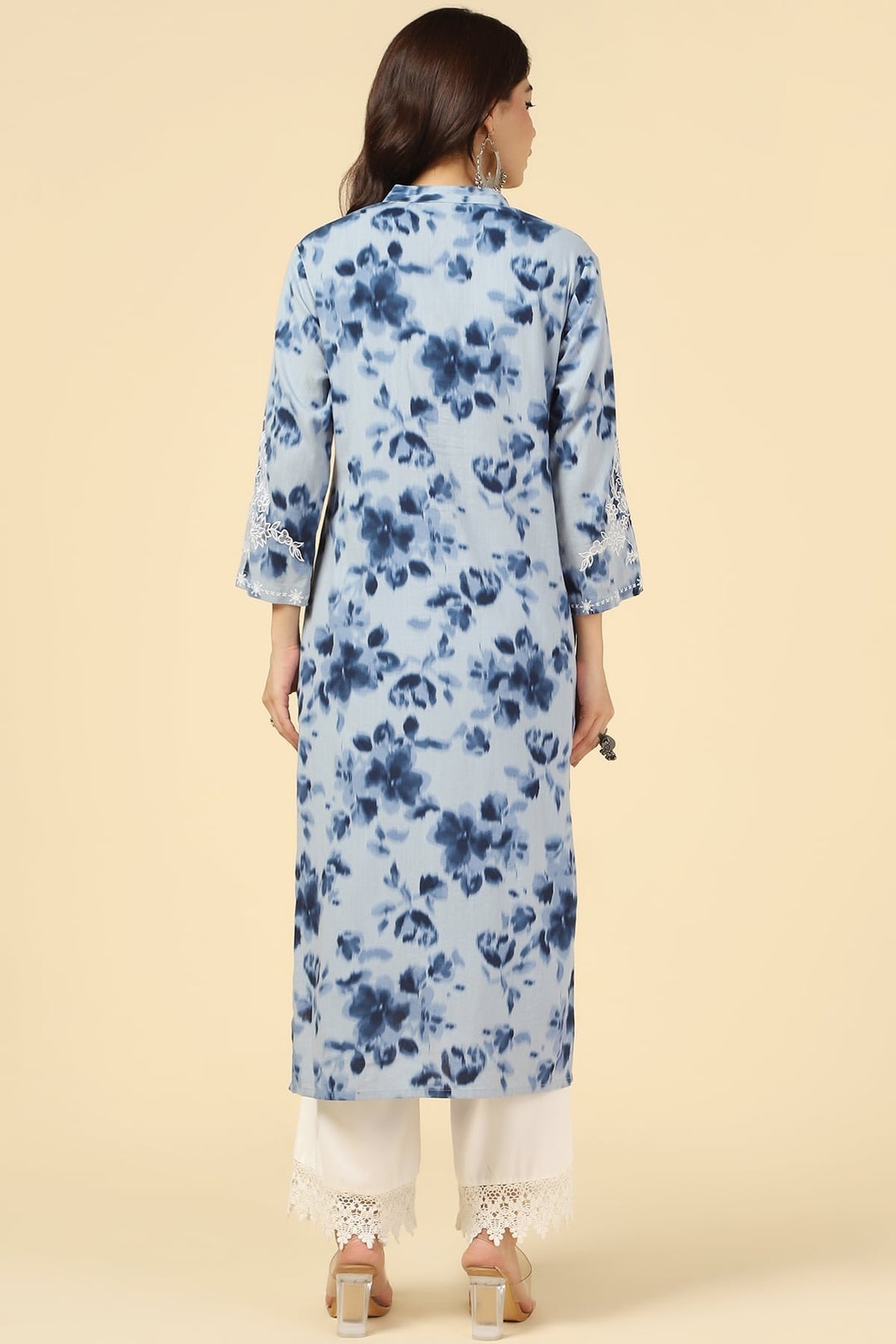 Blue Printed Rayon Slub Kurti