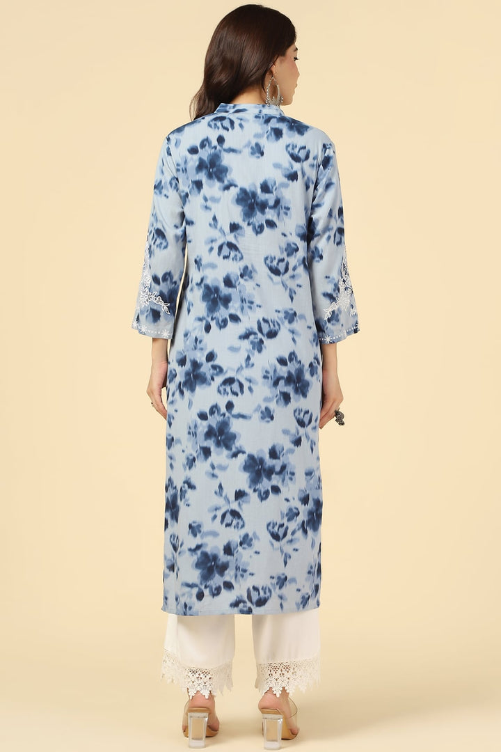 Blue Printed Rayon Slub Kurti