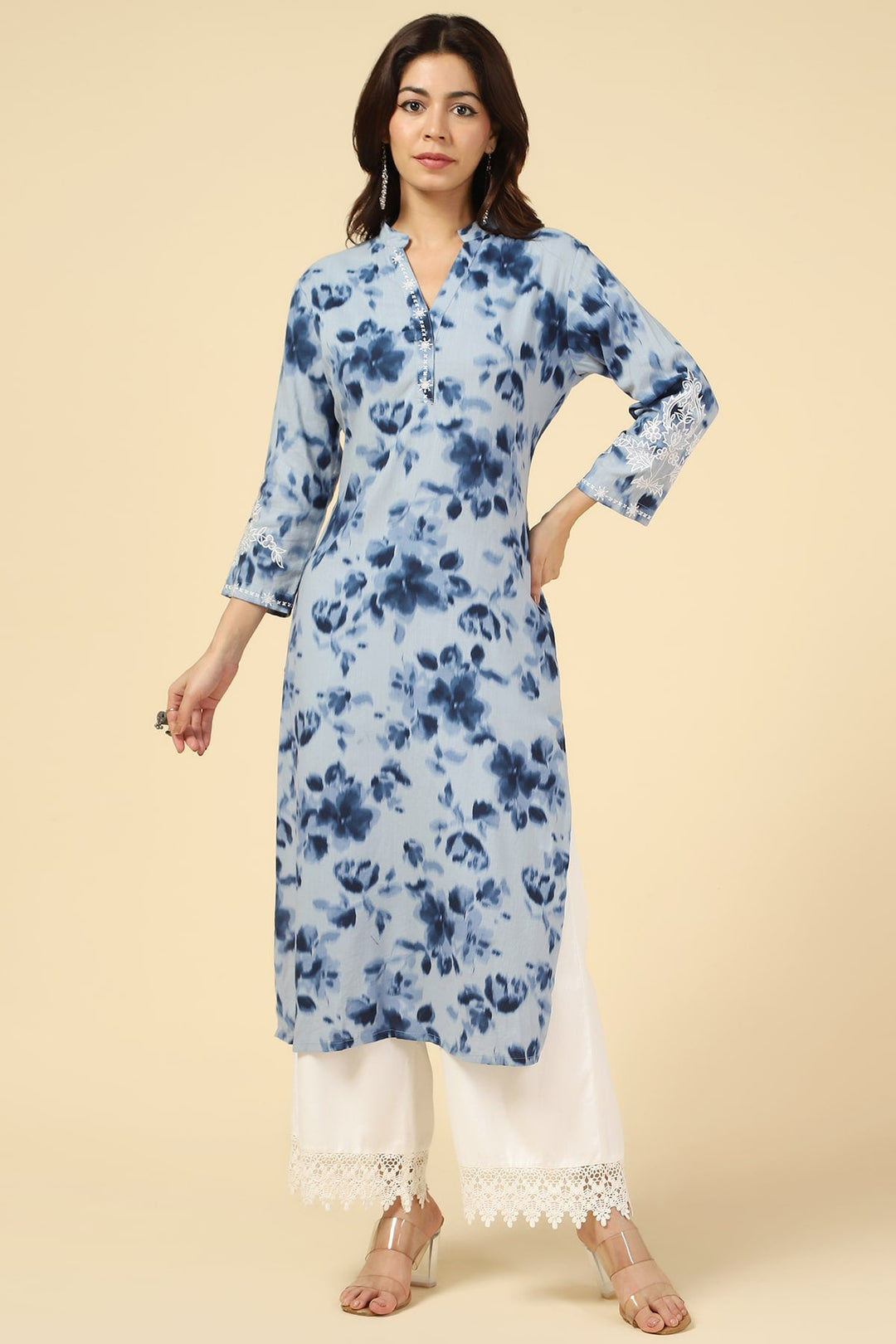 Blue Printed Rayon Slub Kurti