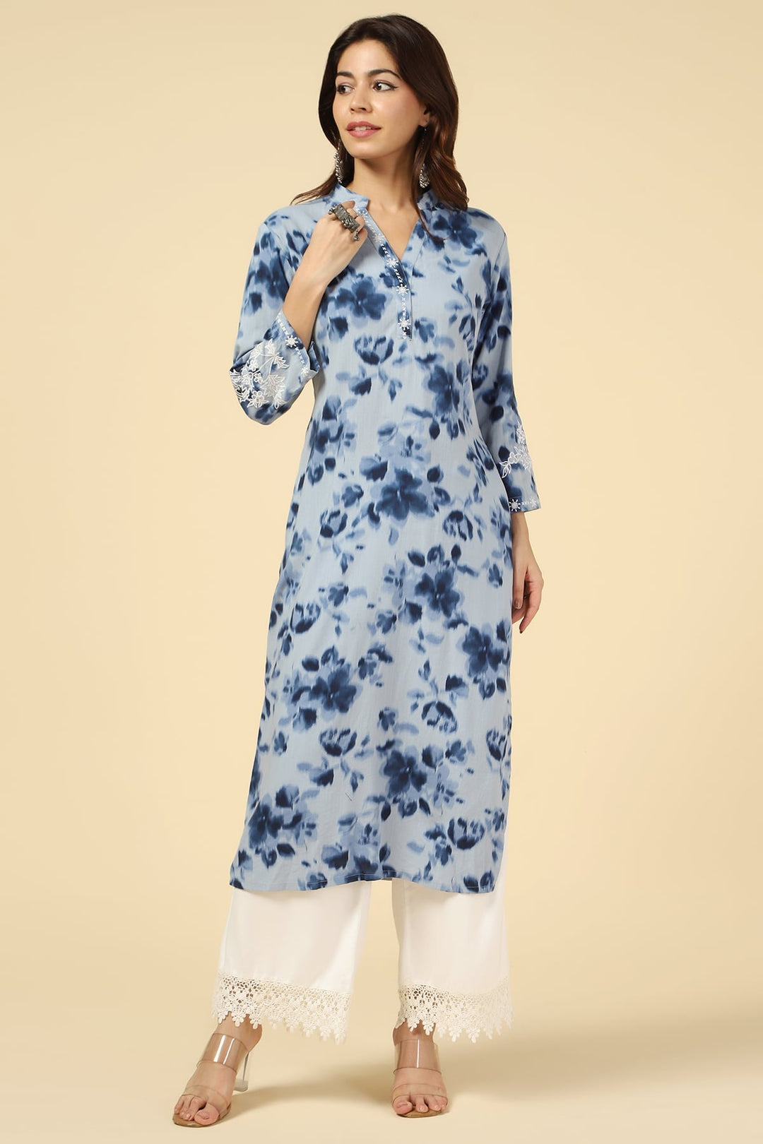 Blue Printed Rayon Slub Kurti