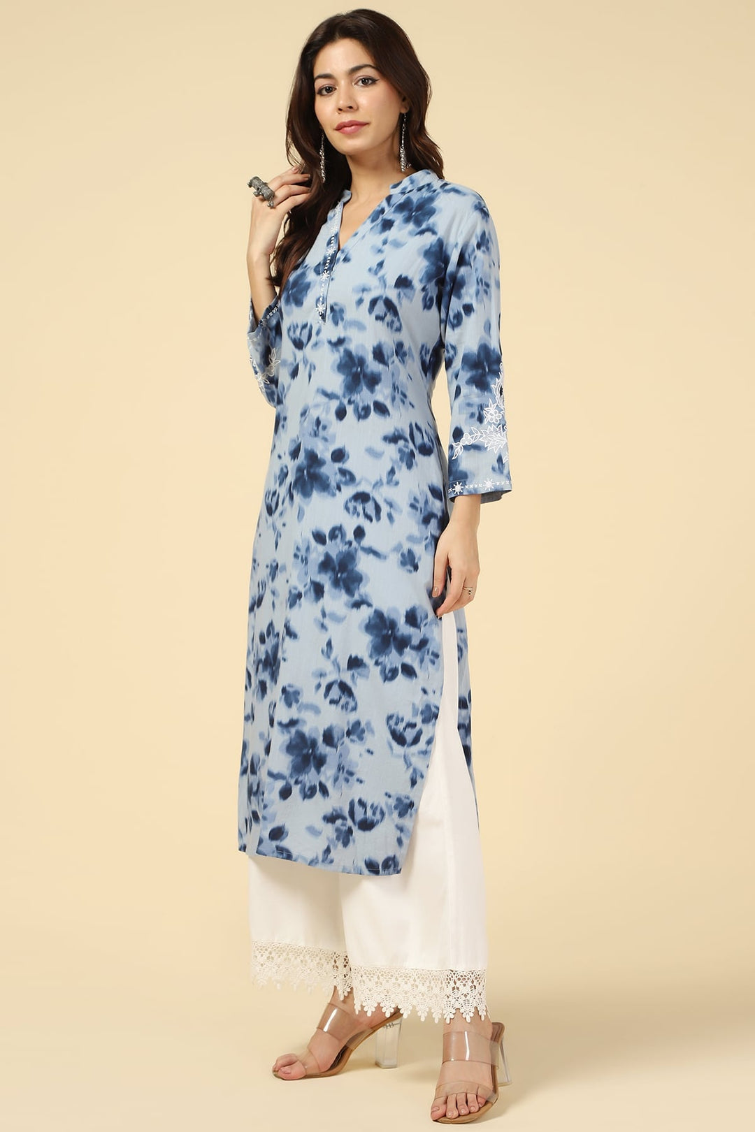 Blue Printed Rayon Slub Kurti