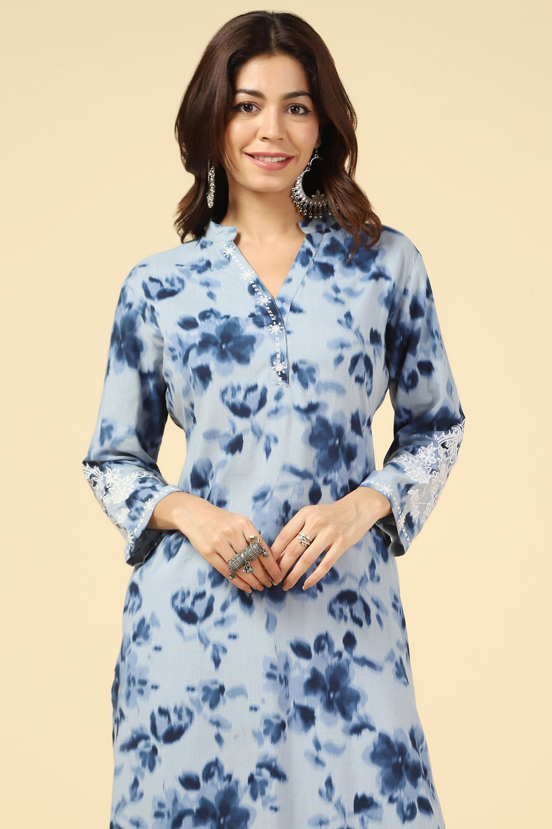 Blue Printed Rayon Slub Kurti