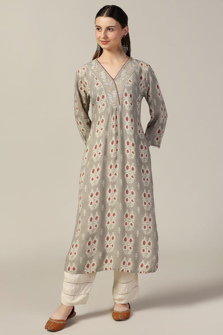 Grey Printed Rayon Kurti