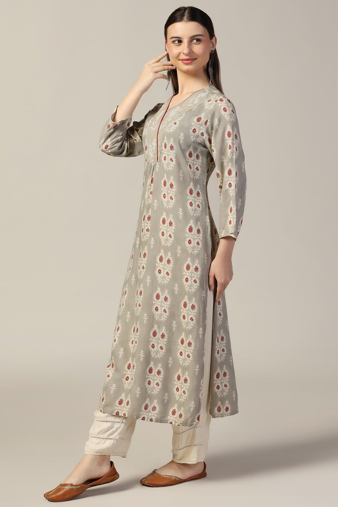 Grey Printed Rayon Kurti