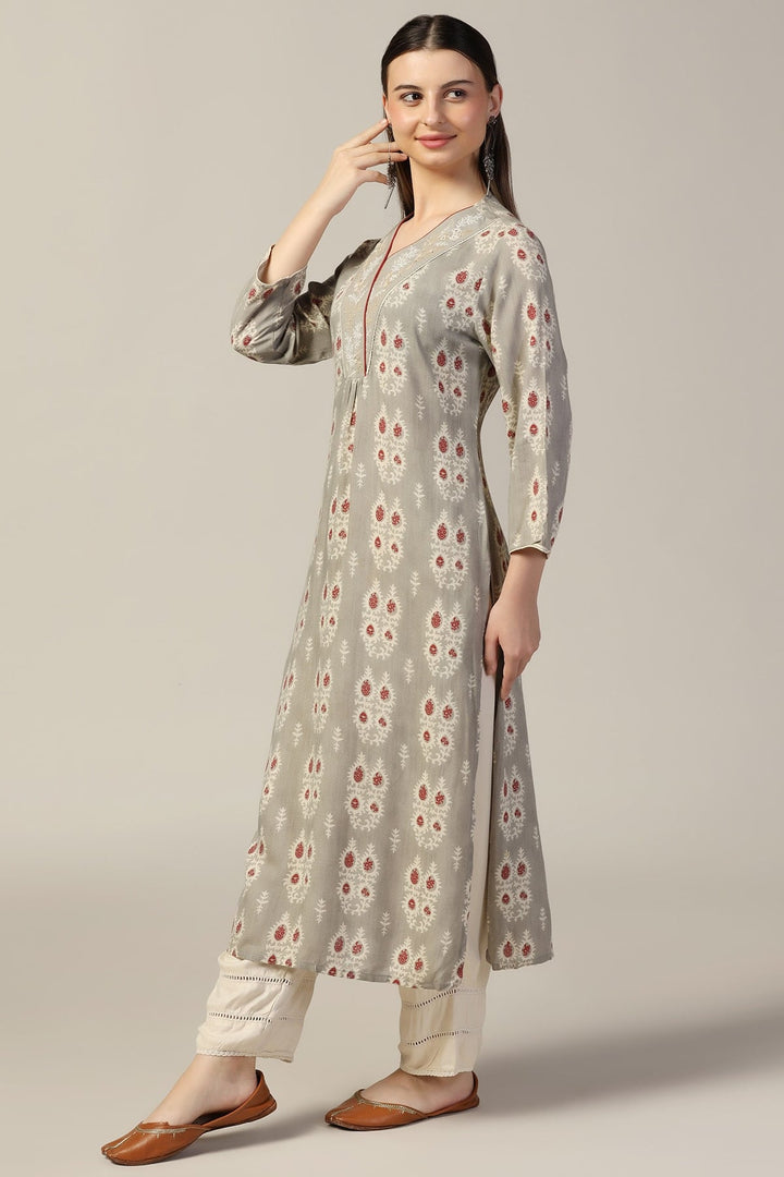 Grey Printed Rayon Kurti