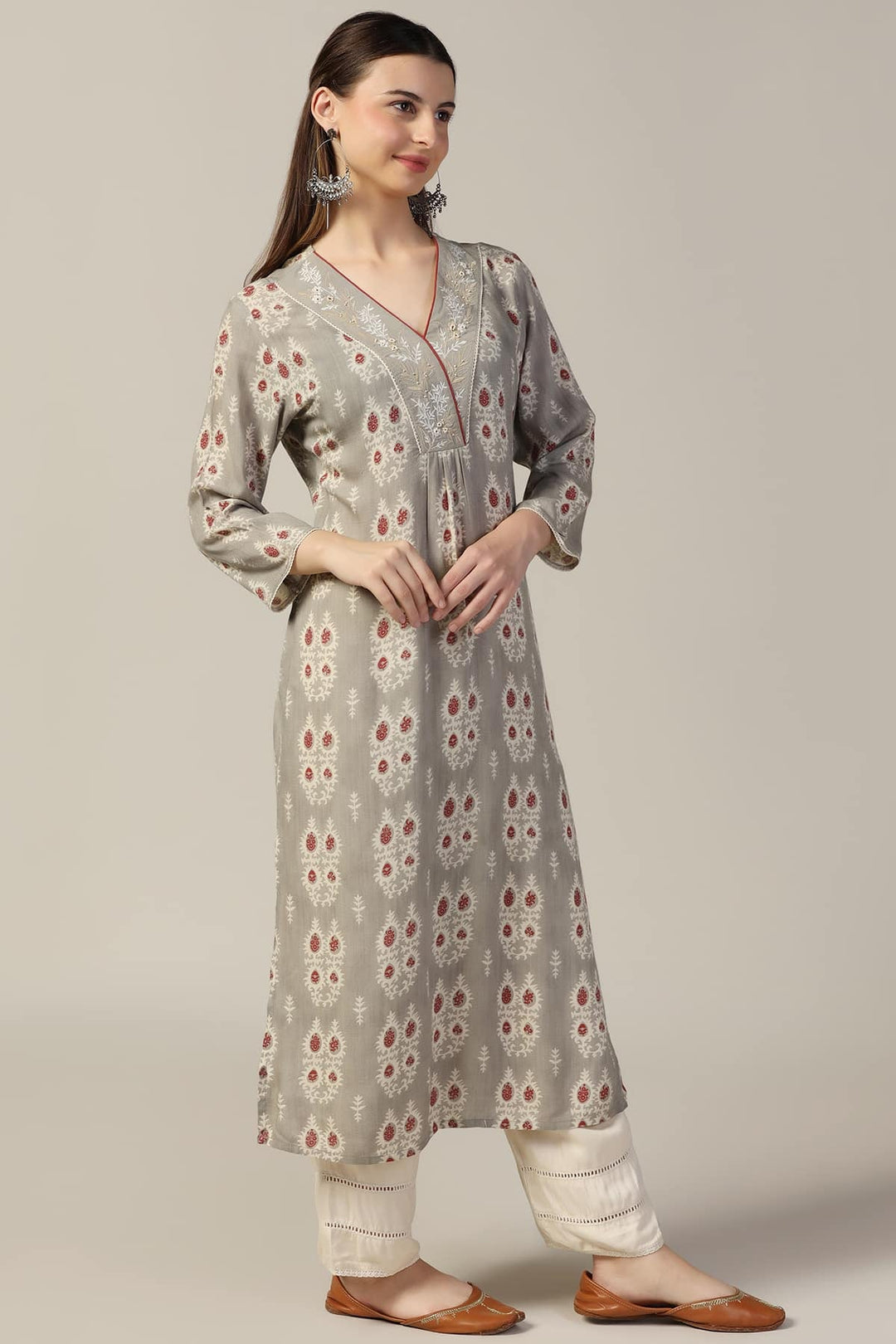 Grey Printed Rayon Kurti