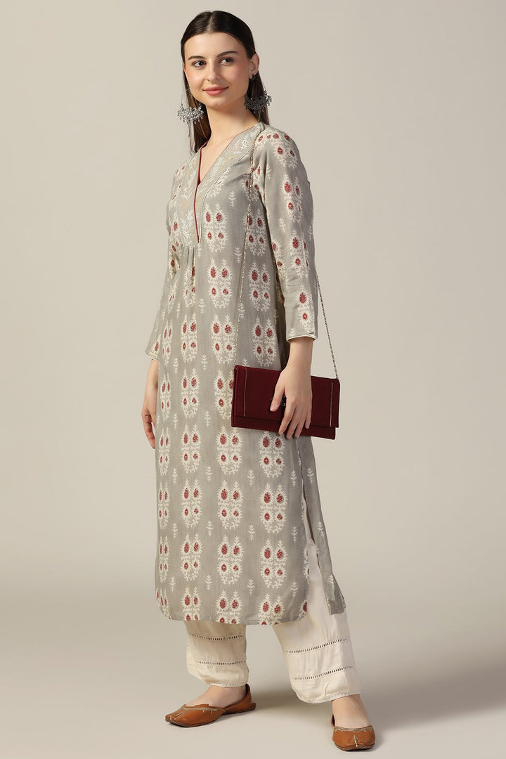 Grey Printed Rayon Kurti