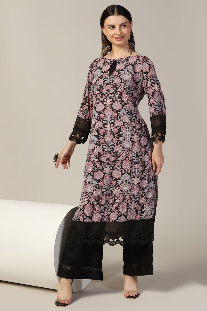 Black Printed Rayon Kurti