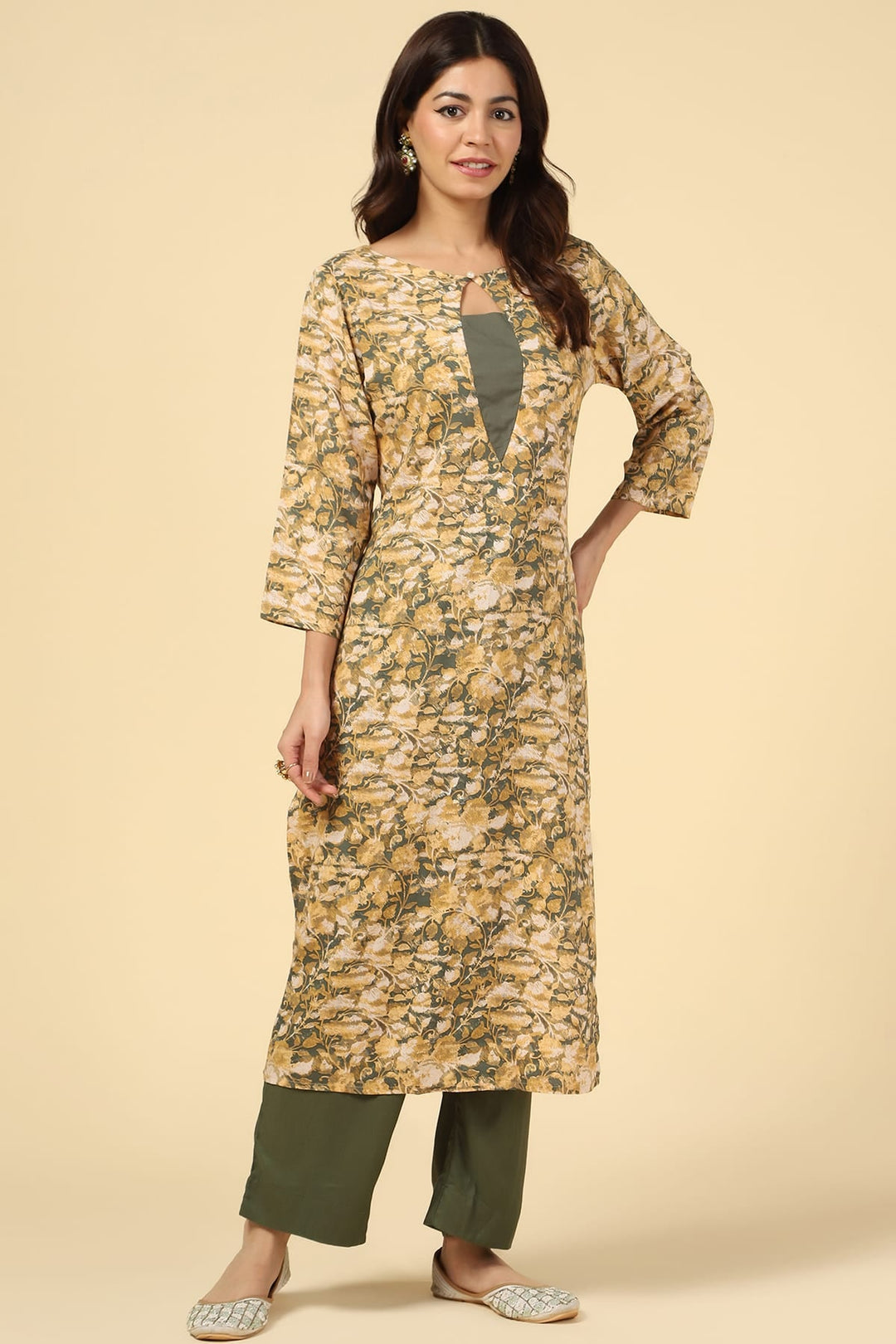 Mustard &amp; Green Printed Rayon Kurti