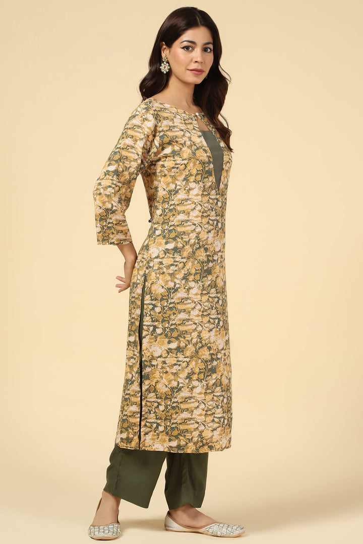 Mustard &amp; Green Printed Rayon Kurti