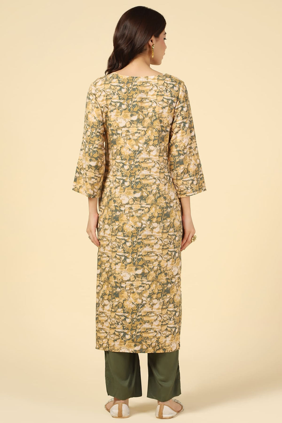 Mustard &amp; Green Printed Rayon Kurti
