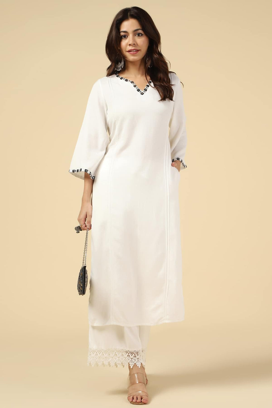 White Embroidered Viscose Linen Kurti