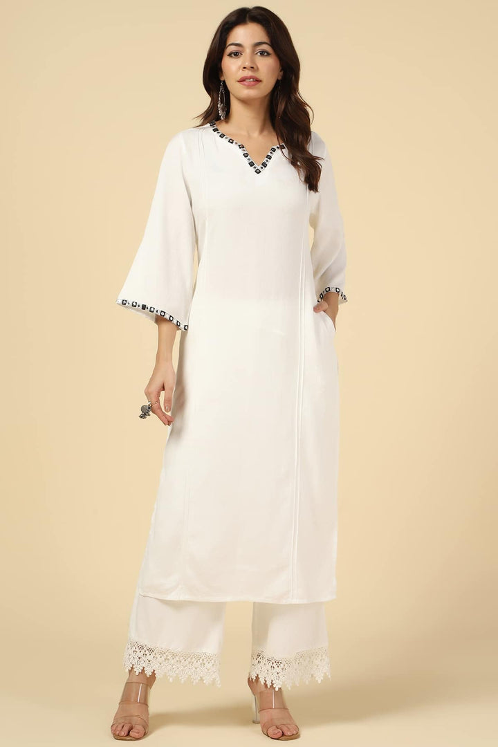 White Embroidered Viscose Linen Kurti