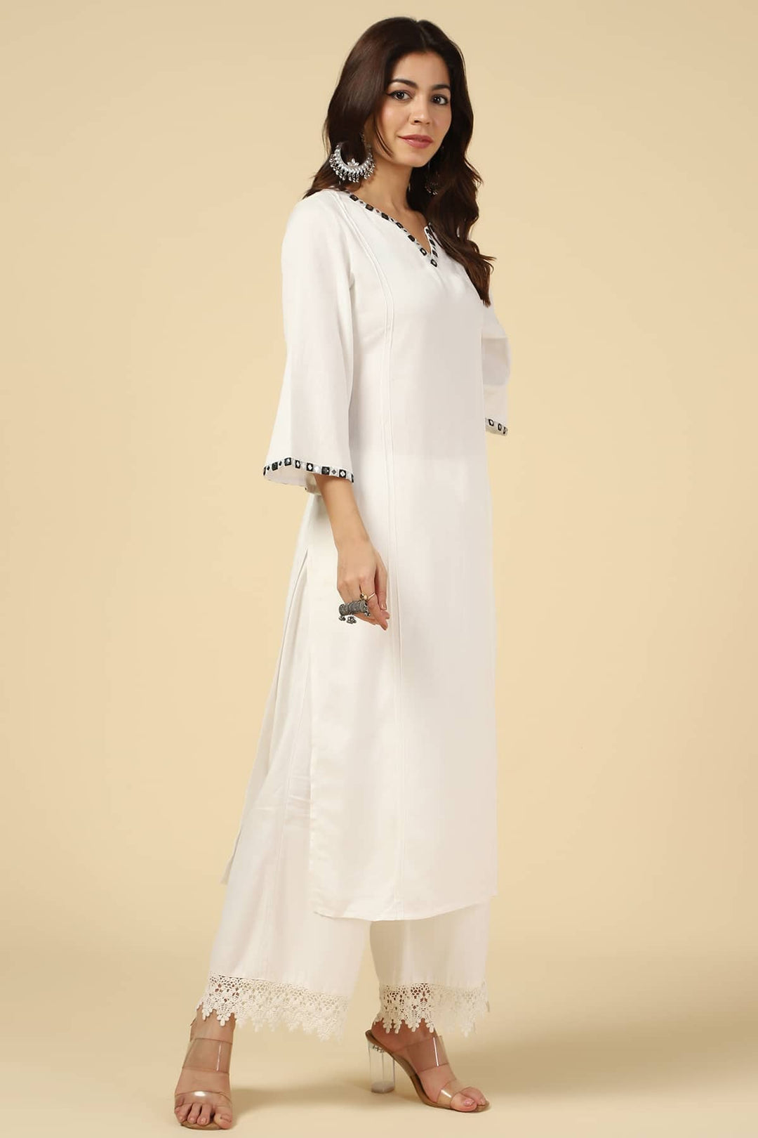 White Embroidered Viscose Linen Kurti