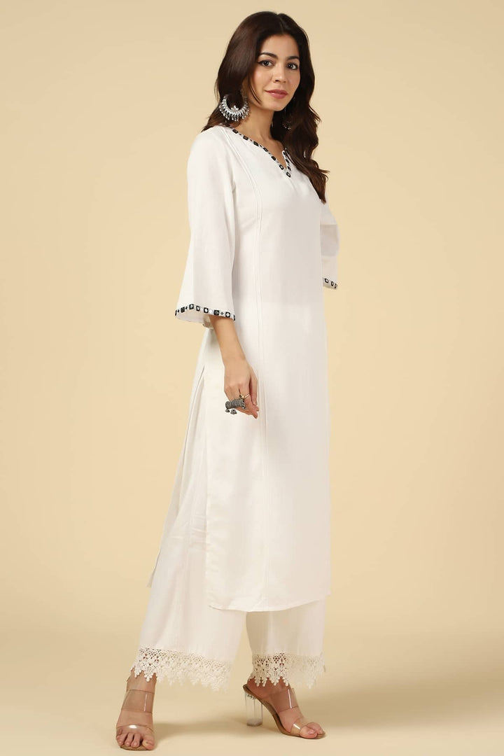 White Embroidered Viscose Linen Kurti