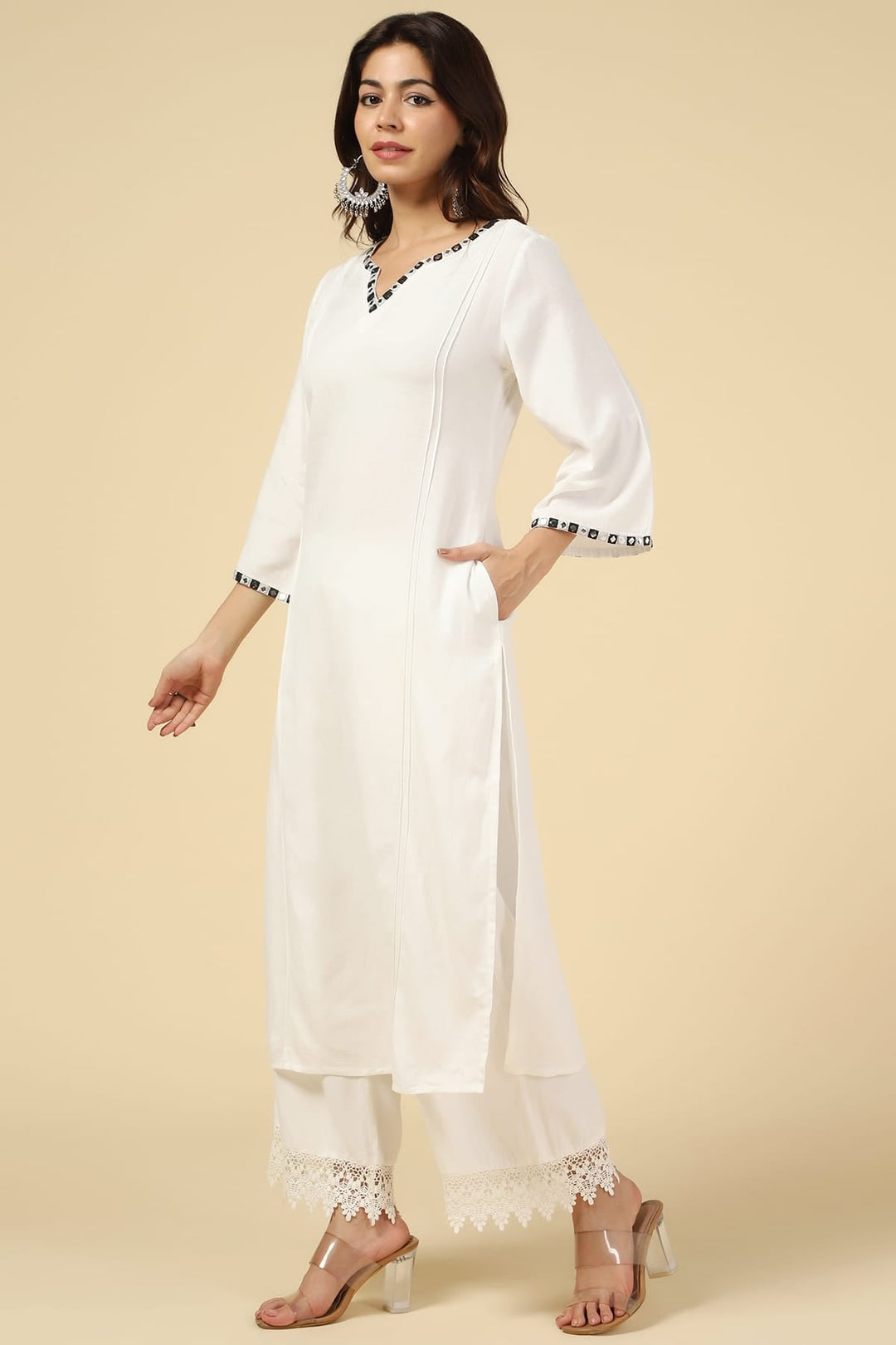 White Embroidered Viscose Linen Kurti