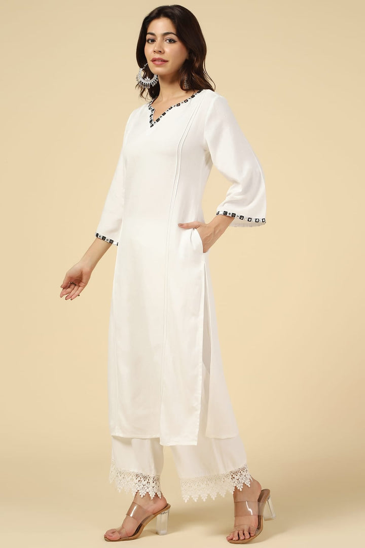 White Embroidered Viscose Linen Kurti
